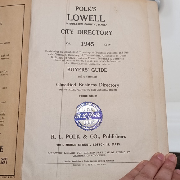 1945 Lowell, Massachusettes City Directory Book - Picture 11 of 16
